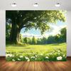 2D Nature Meadow Backdrop Cloth Green Oak Tree White Daisy Photography Background