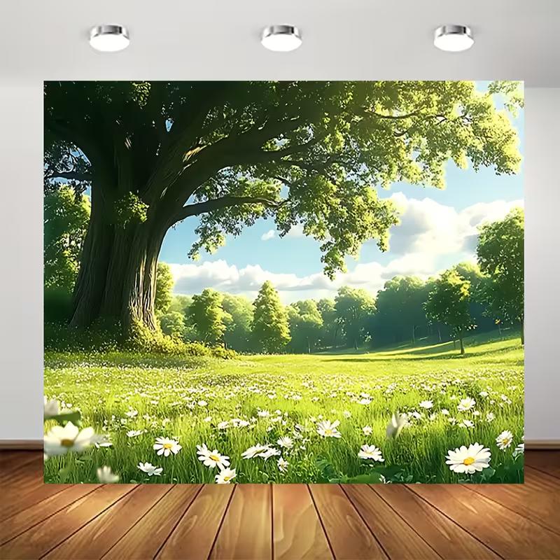 2D Nature Meadow Backdrop Cloth Green Oak Tree White Daisy Photography Background