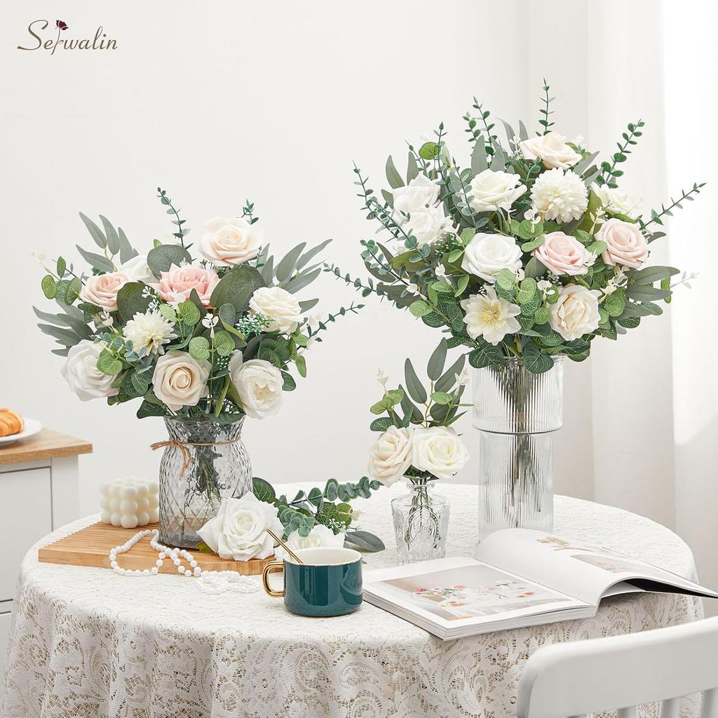 100pcs Artificial Mixed Eucalyptus Stems Leaves Bulk, 4 Kinds Fake Greenery Silver Dollar Eucalyptus Leaves Picks for DIY Bouquets Home Decor