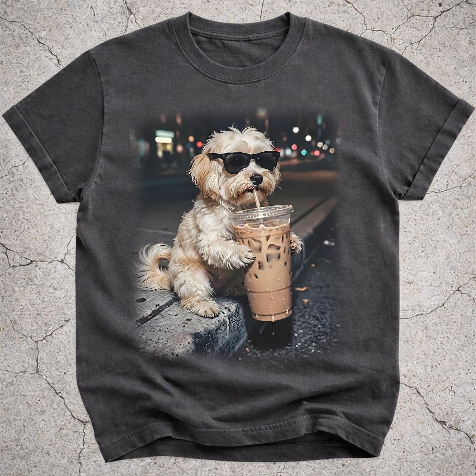 Havanese Drinking Iced Coffee Shirt, Funny Havanese Dog Meme T-Shirt, Coffee Lover Gift for Havanese Owner, Small Dog Vintage Graphic Tee 3XL