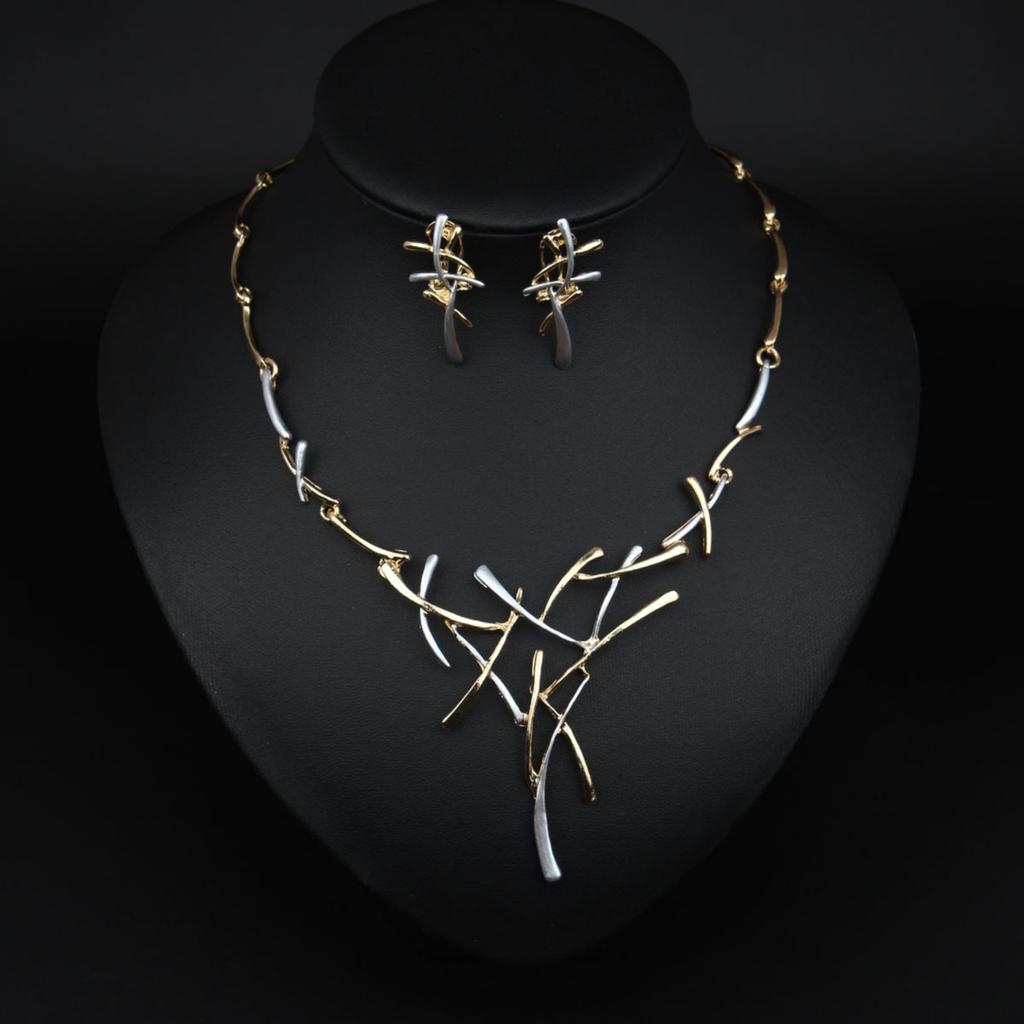Módní Geometrický Dutý Kovový Náhrdelník a Náušnice Stromový Kmen Set