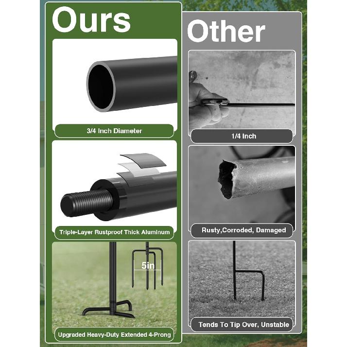 Garden Flag Holder Stand with Shepherds Hooks, 63 Inch Extra Thick Weather-Proof Powder-Coated Yard Flag Holder with 4 Prong Base, Heavy Duty 3/4