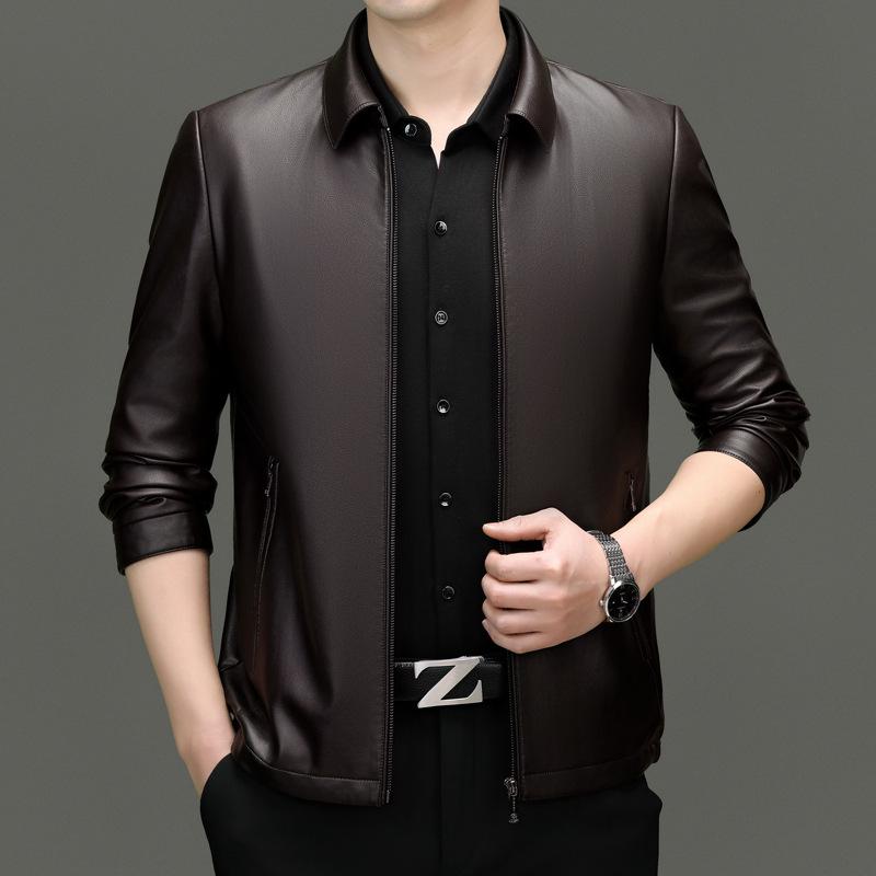 Men's High-End Genuine Sheepskin Leather Jacket, Business Casual Stand-Up Collar, Fleece-Lined for Middle-Aged.