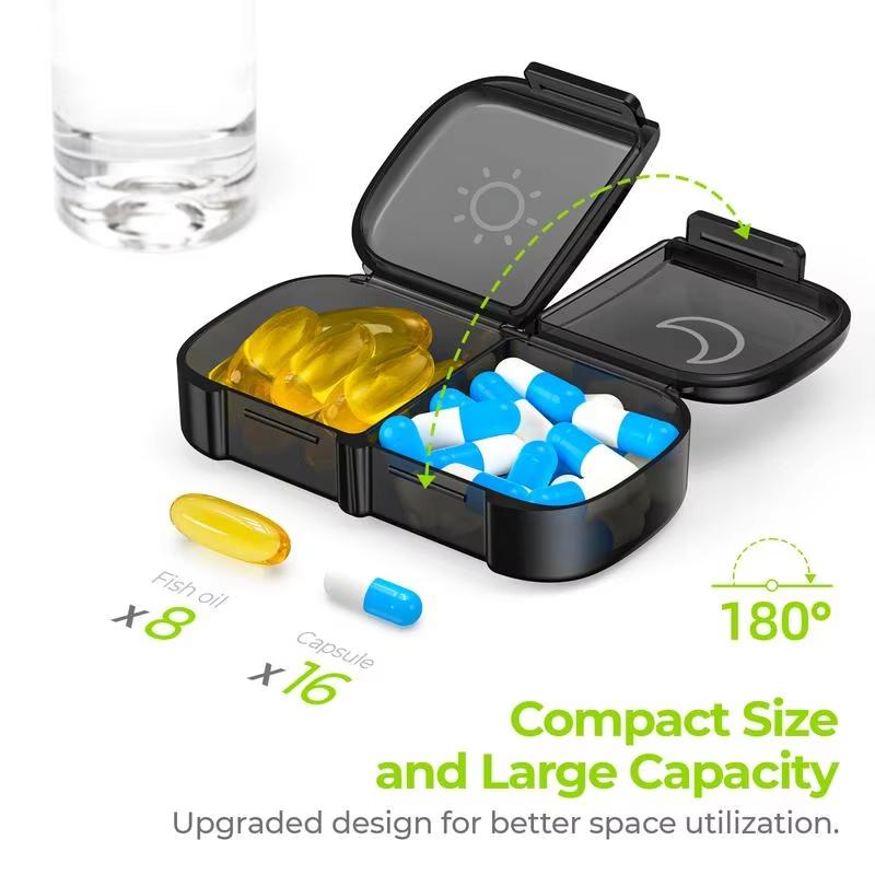 Portable Pill Organizer Morning And Evening Pill Box Black Privacy Protection Suitable For Storing Medications Fish Oil Vitamins
