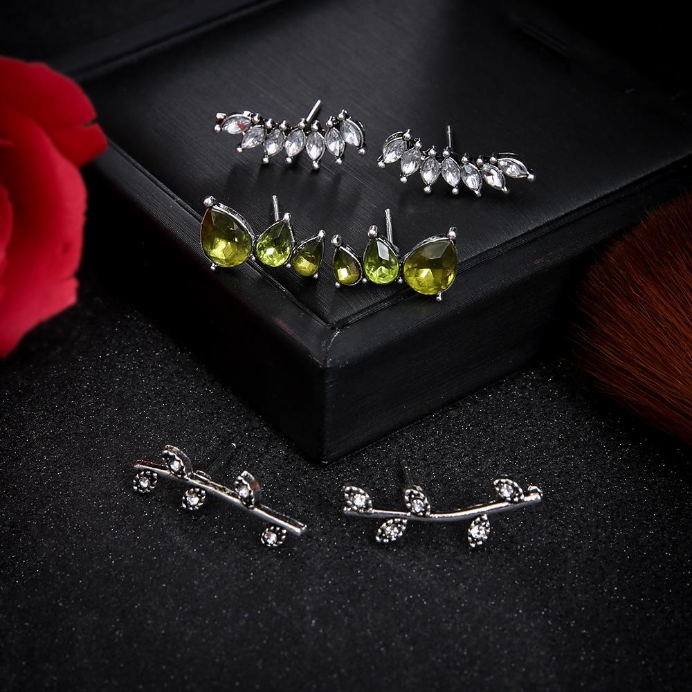 Fashion Personality Bohemian Feng Shui Drop Geometric Green Crystal Leaf Earrings Stud Earrings Three-Piece Set Women