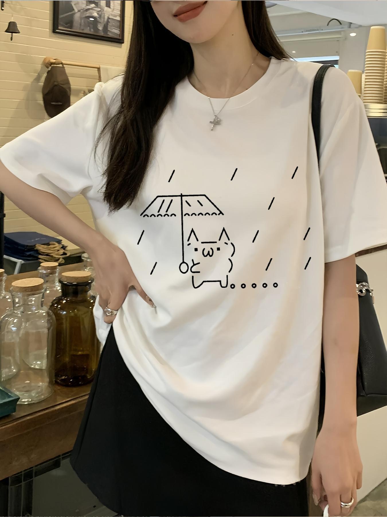 Relaxed Fit Tee Featuring an Adorable Cat Design with an Umbrella in The Rain, Made from Breathable Fabric And Machine Washable, with a Round Neckline S
