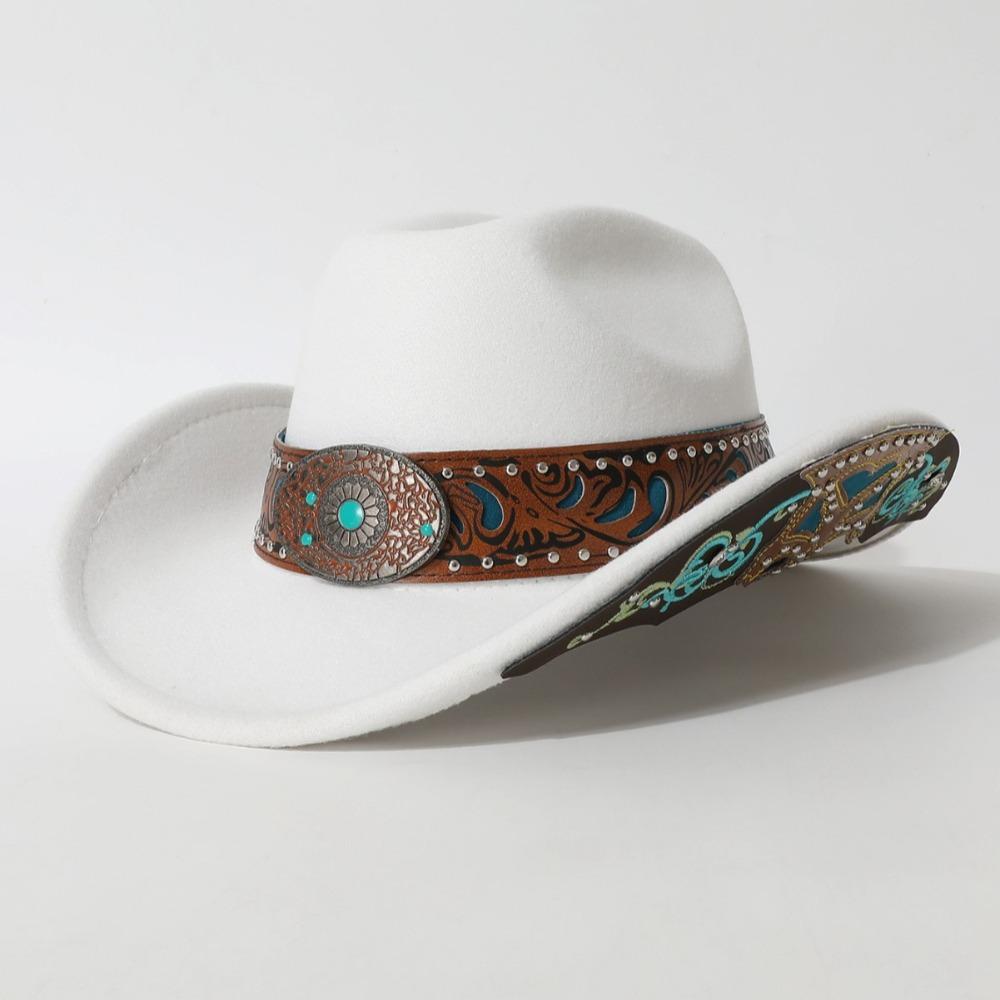 Turquoise Decor Wide Brim Sun Hat Embossed Band Cowgirl Hat Stage Performance Hat For Women Man