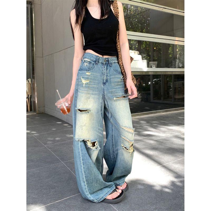 Retro Ripped Wide-Legged Denim Women's Summer American High Street Straight-Leg Pants Stylish High Waist Pants Mop Trousers