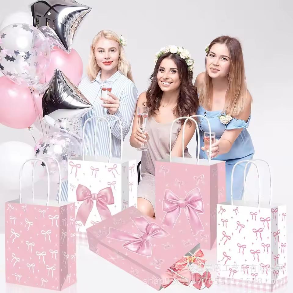 5/10/20Pcs Pink Bow Gift Bags Paper Candy Snack Treat Bag Kids Girls Birthday Party Supplies Baby Shower Decoration Gift Packing