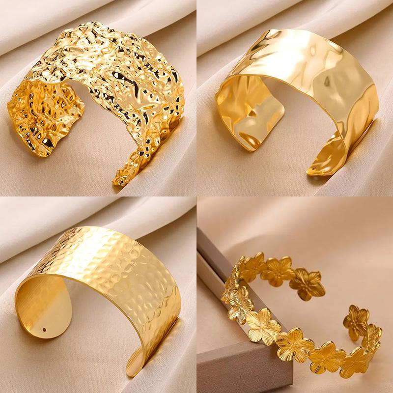 Classic Wrinkle Texture Openning Bangle Bracelet For Women Exquisite Cuff Bracelet Gold Stainless Steel Hand Ornament Gift