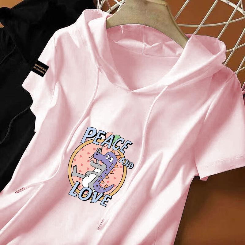 

100% Cotton Ethnic-Style Women s Hooded Sweatshirt T-Shirt - Short Sleeve, Loose, Casual Versatile Top M (suggested 80-100 jin) розы красного