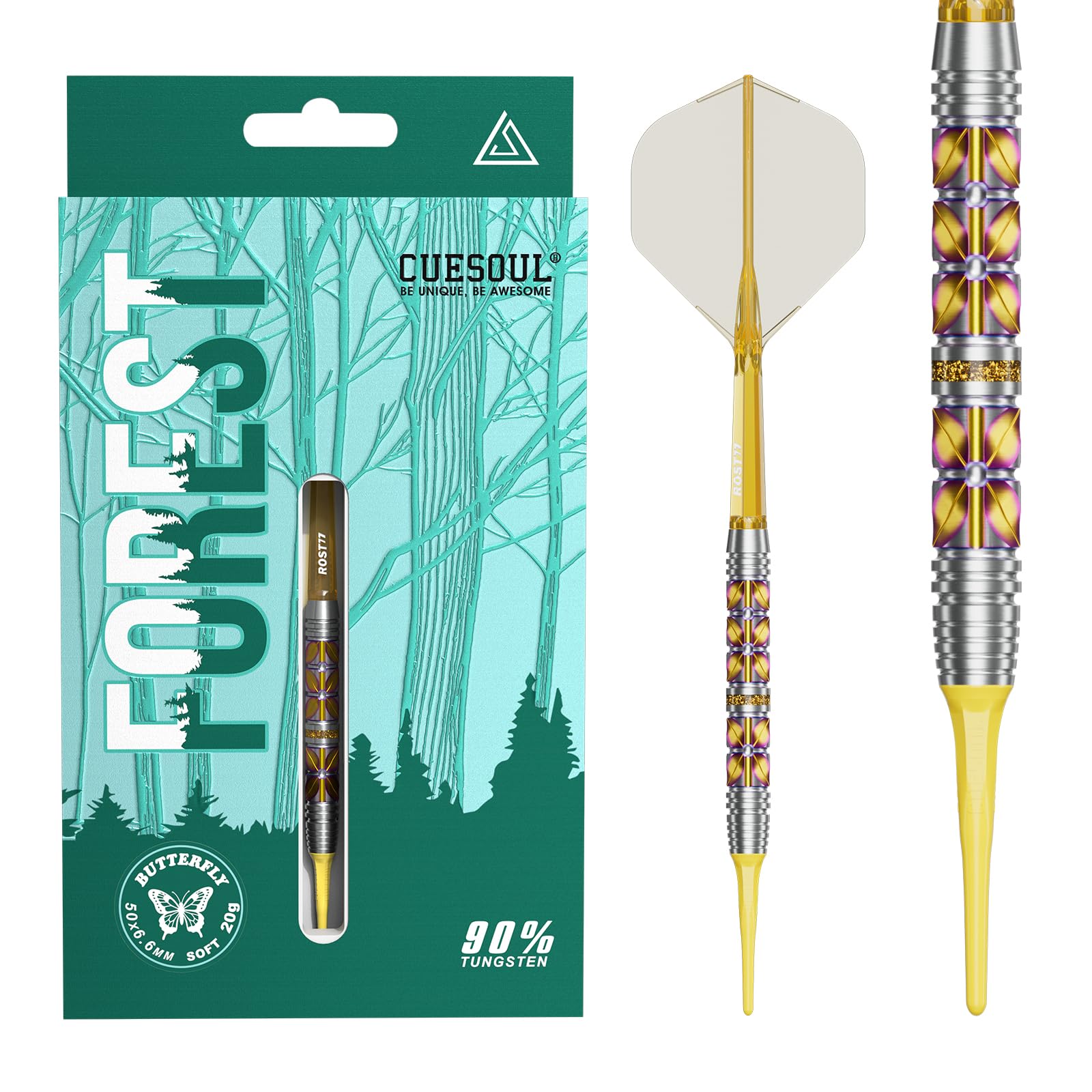 

CUESOUL FOREST Butterfly 20g Soft-Tip 90% Tungsten Darts Set with Titanium Coated, Highly Transparent ROST77 Integrated Flights (CSFS-90R20KSLD)