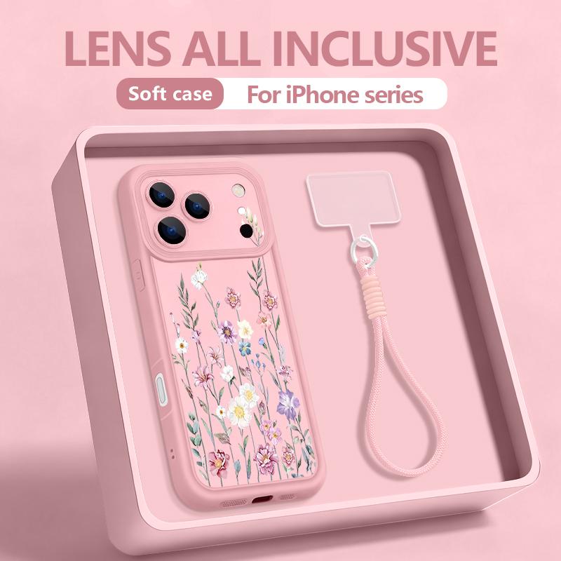Purple Flowers Printed Lanyard Phone Case For iPhone 17 Pro Max Air 16E 16 14 15 Pro 12 13 Pro Max 11 Soft TPU Wrist Strap Cover