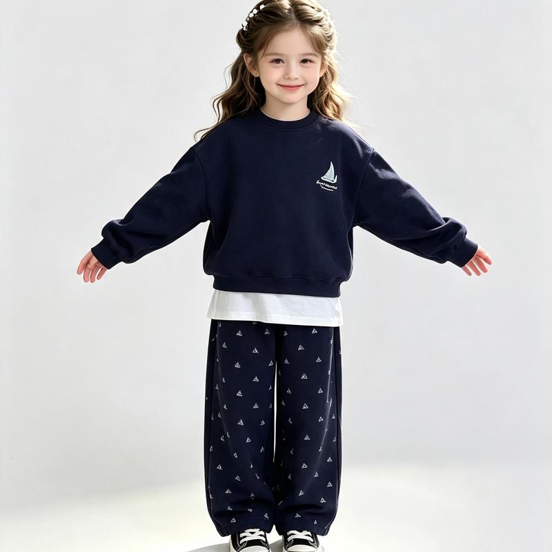 Girls' Navy Blue Hooded Sweatshirt & Floral Wide-Leg Pants