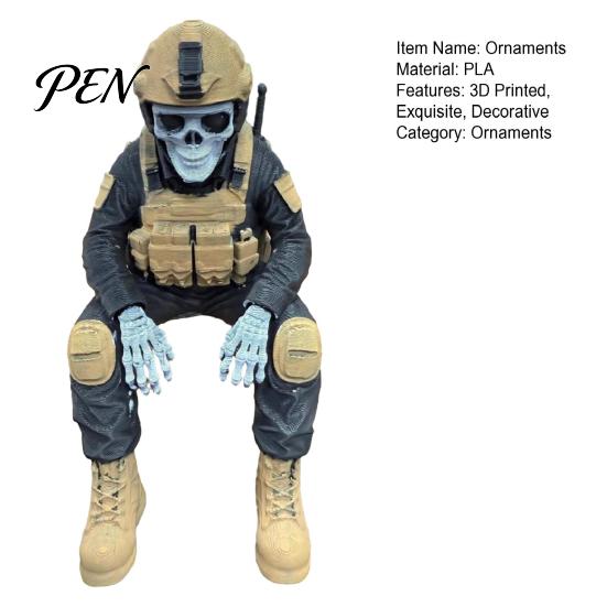 PLA Resin Soldier Model Skeleton Hero Shelf Sitter Ornament, 3D Printed Figurine, Tactical Gear Display Stand Gothic Warrior Sitting Statue