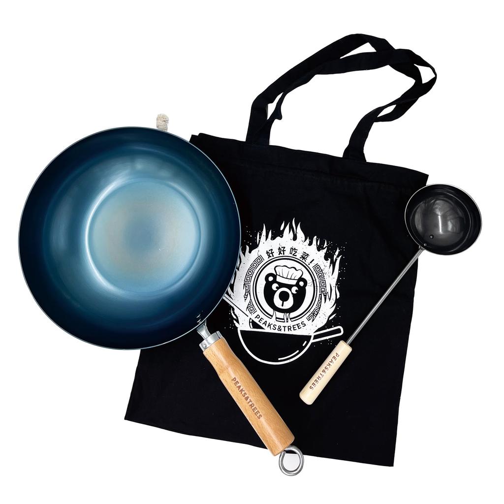 PEAKS&TREES IH-compatible wok, made in Japan, no seasoning required, camping use, includes ladle and storage bag, 28cm, cast iron.