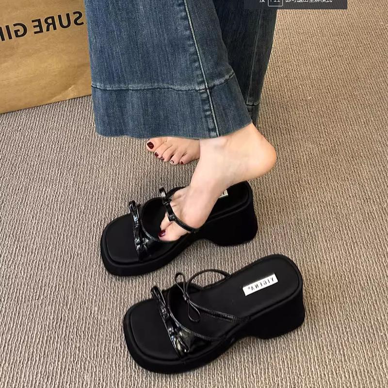 

Muffin sole fairy beautiful sandals female summer bow with skirt shoes slippers new outer wear 40 чёрный