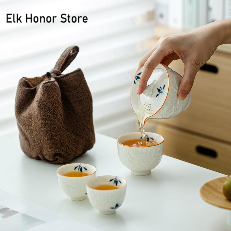 Reines handbemaltes Schmetterlingsorchideen-Teeservice-Set Zen 1 Kanne 3 Tassen Haushaltstee-Brühkessel Tassen Outdoor-Picknick-Tragetasche Basteln