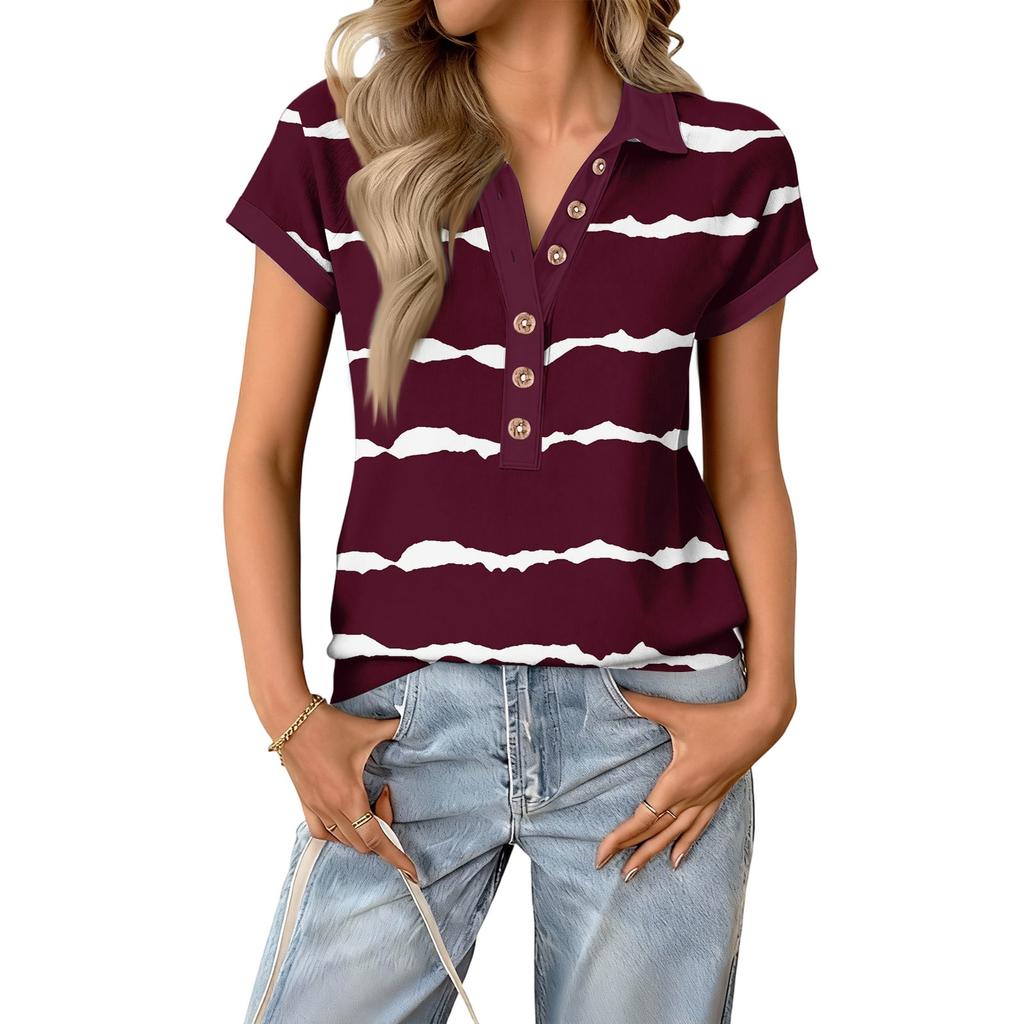 Women's fashionable casual summer V,neck patchwork short,sleeved striped print top