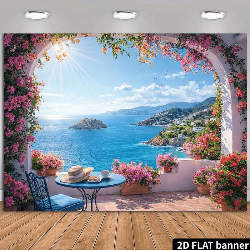 2D Greek Island Ocean View Photography Background 47.2x31.5inch/120*80cm