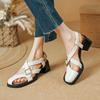 2024 Summer Retro Women Sandals Square Heels Genuine Leather Quality Pumps Leisure Style Party Office Lady Ladies Shoes Woman