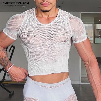 Summer Men Short Sleeve Mesh Sheer Striped Ftiied Cropped T-shirts