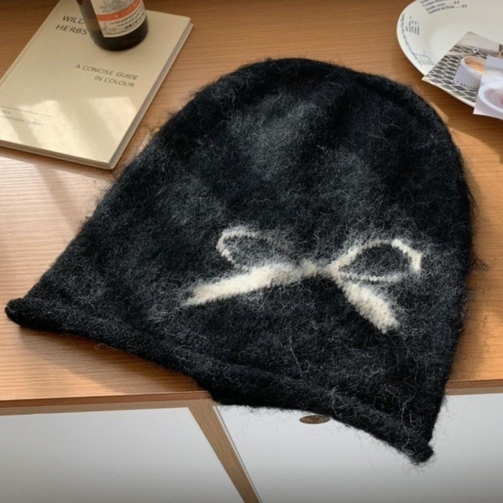 

Warm Printing Beanies Wool Ear Protection Hat Retro Bow Jacquard Knitted Hat Autumn чорний
