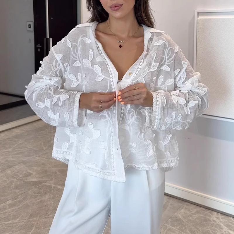 

Тяжелая вышивка, Воротник, Рубашка с длинным рукавом, Защита от летнего солнца, Новый вышитый топ, Свободный топ, Кардиган L белый