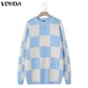 VONDA Autumn Women Round Neck Long Sleeve Plaid Pullover Long Sweaters
