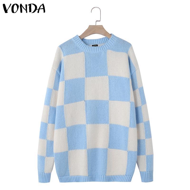 VONDA Autumn Women Round Neck Long Sleeve Plaid Pullover Long Sweaters