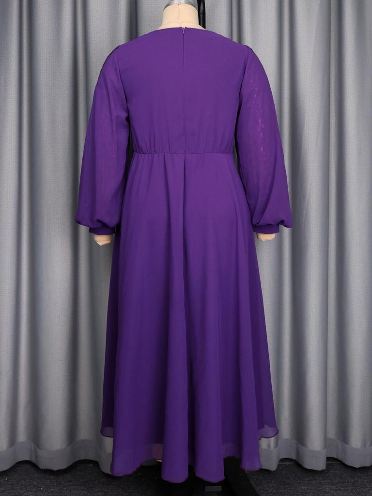 Plus Size V-Neck Sequin Patchwork Long Sleeve Evening Gown - Elegant High Waist Banquet Dress