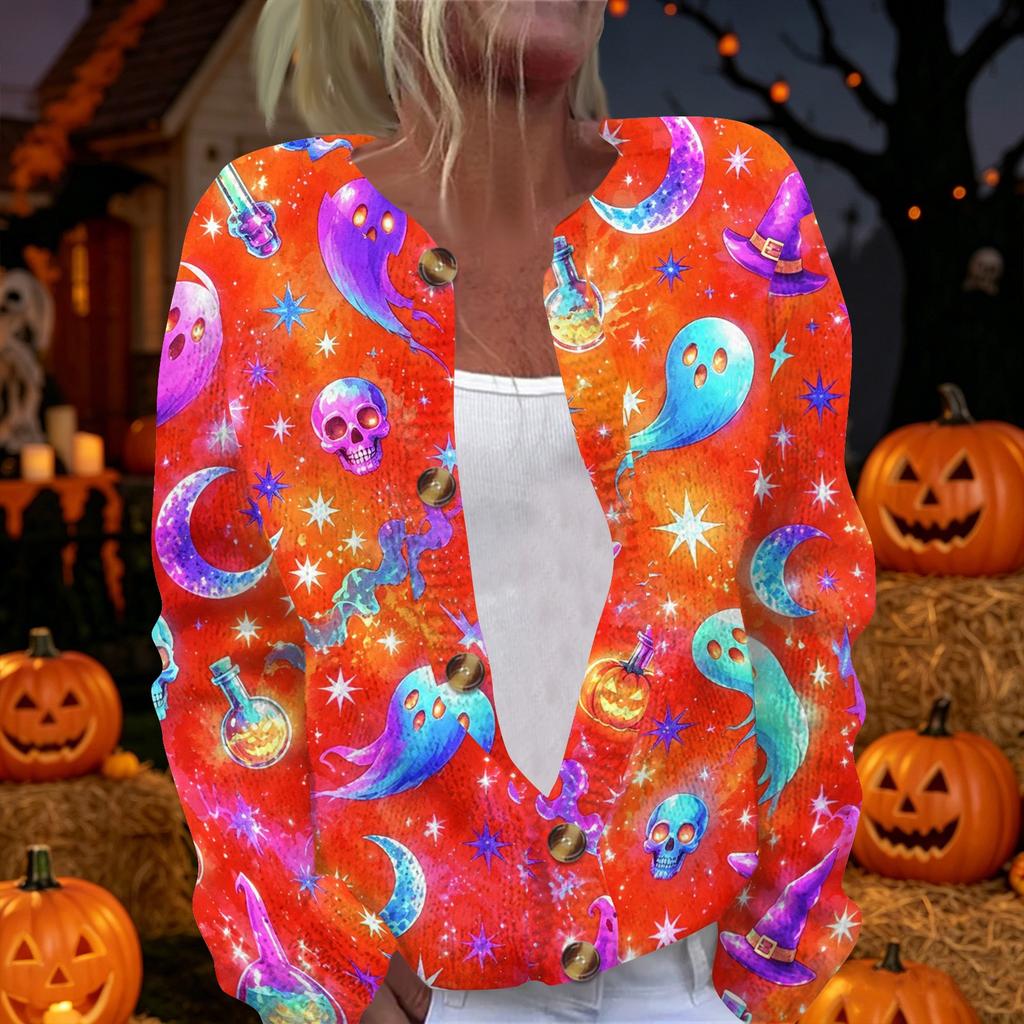 Damen Halloween Print Langarm Strickjacke mit Knopfleiste für Herbstliche Festliche Anlässe