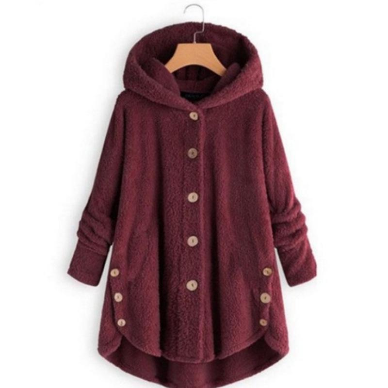 Women S Solid Color Hooded Button Plush Casual Coat