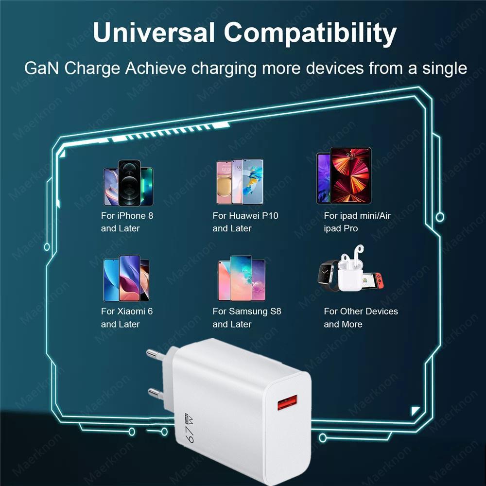USB-Ladegerät 67W GaN Schnellladung EU/US Stecker Wandladegerät 6A Typ C Kabel Für iPhone Samsung Xiaomi Schnelllade-Handyladegerät