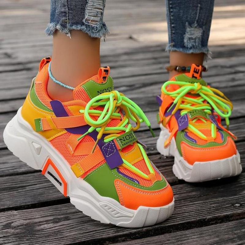 Fashion Orange Platform Sports Shoes Thick Sole Designer Chunky Sneakers Women Spring Vulcanize Shoes Luxury Walking Tennis Shoes Ladies