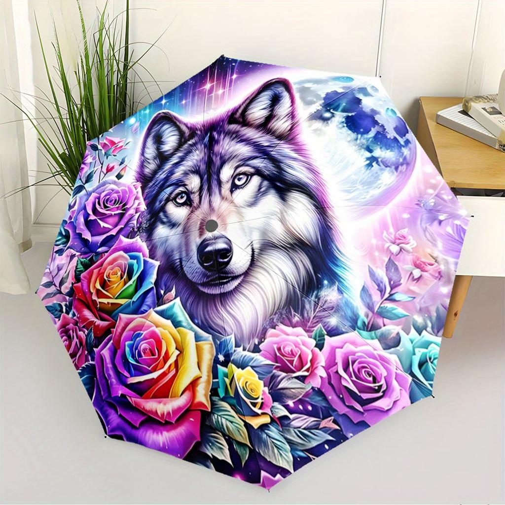 Automatic Open/Close Umbrella with Wolf & Roses Design - Compact Travel Umbrella, Windproof 8-Rib Shaft, One-Touch Button, Por