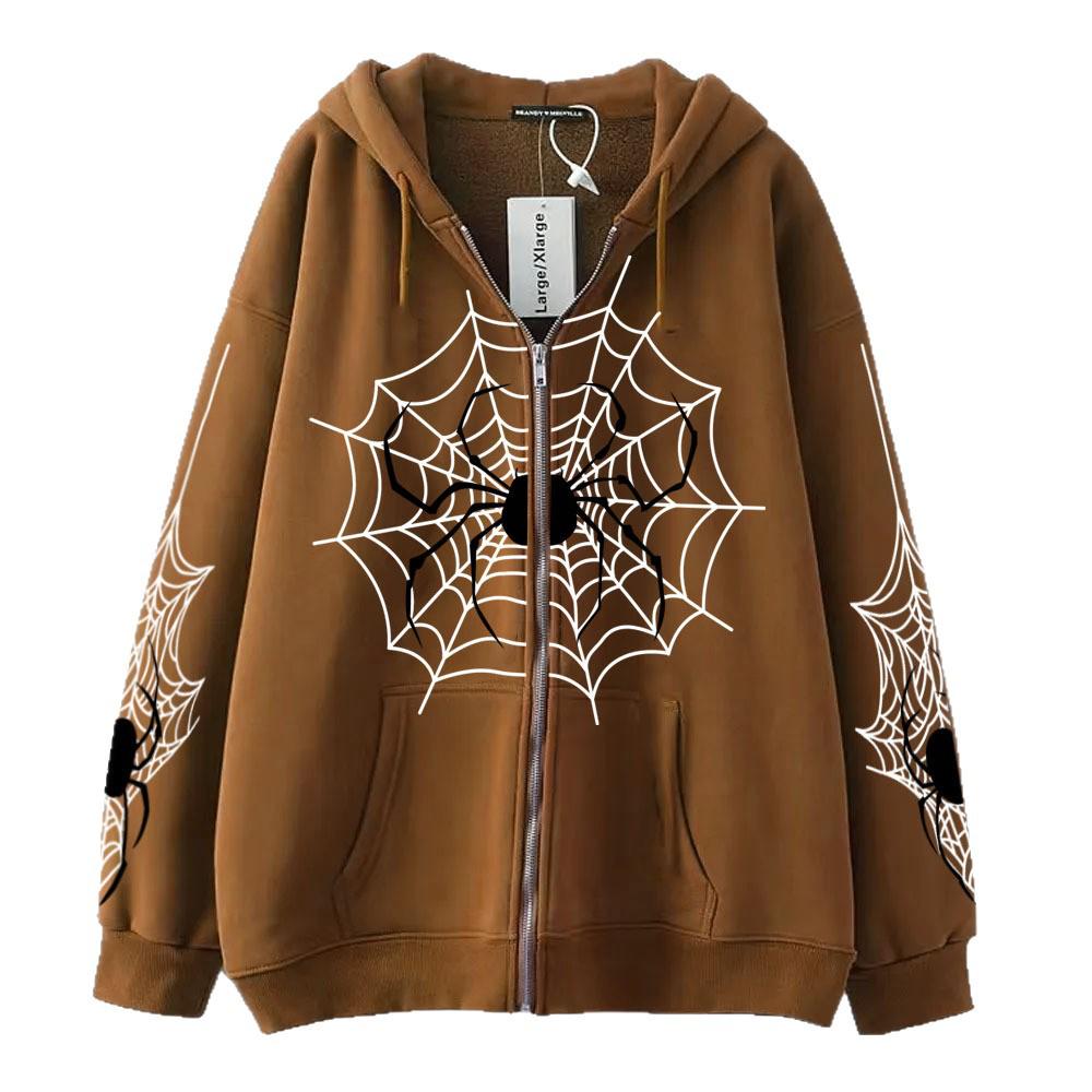 2025 Women's Spider Web Zipper Hoodie: Retro American Streetwear for Spring & Autumn