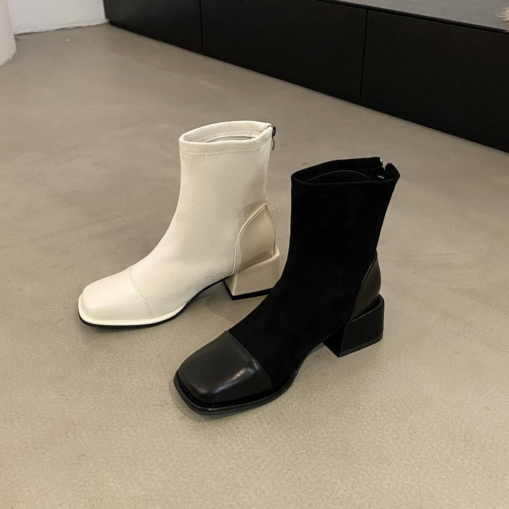 Móda Nový Styl Dámská Móda Čtvercová Špička Robustní Podpatek Krátká Kozačka Podzim Zima Stručné Elastické Úzké Vysoké Podpatky Boty Zapatos De Mujer