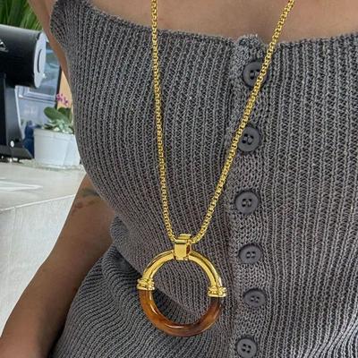 Y2K Long Chain Necklace Circle Pendant Sweater Chain Cute Amber Splicing Necklace  Party