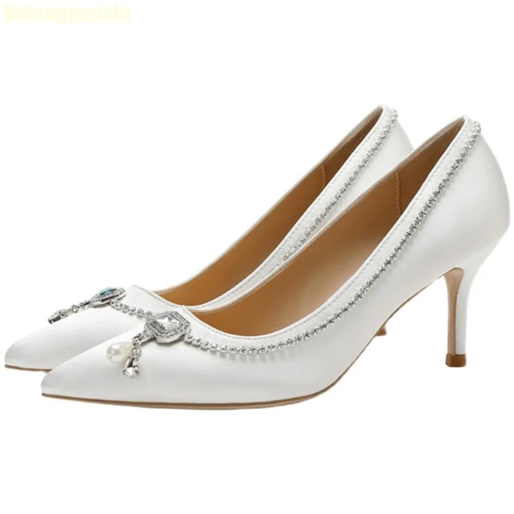 2025 Autumn New Rhinestone Chain High Heels Pointed Shallow 5Cm/7Cm Stiletto Heel Shoes White Wedding Shoes Slip On Bridal Shoes
