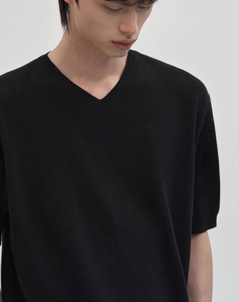 WORK ON BODY OFF Cool Bamboo Semi-Overfit V-Neck Short Sleeve Knit [Black]