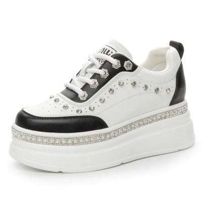Mode 7cm Cuir Véritable Femmes Mode Décontracté Bling Baskets Chunky Plateforme Compensée Vulcanisée Automne Printemps Talons Cachés Chaussures Dames