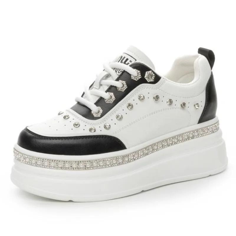 Fashion 7cm Genuine Leather Women Fashion Casual Bling Chunky Sneakers Platform Wedge Vulcanized Autumn Spring Hidden Heels Ladies Shoes