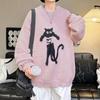 Men's Cute Cat Pattern Sweater Loose Crew Neck Knitted Pullover Long Sleeve Autumn Jumper Winter Warm Clothes