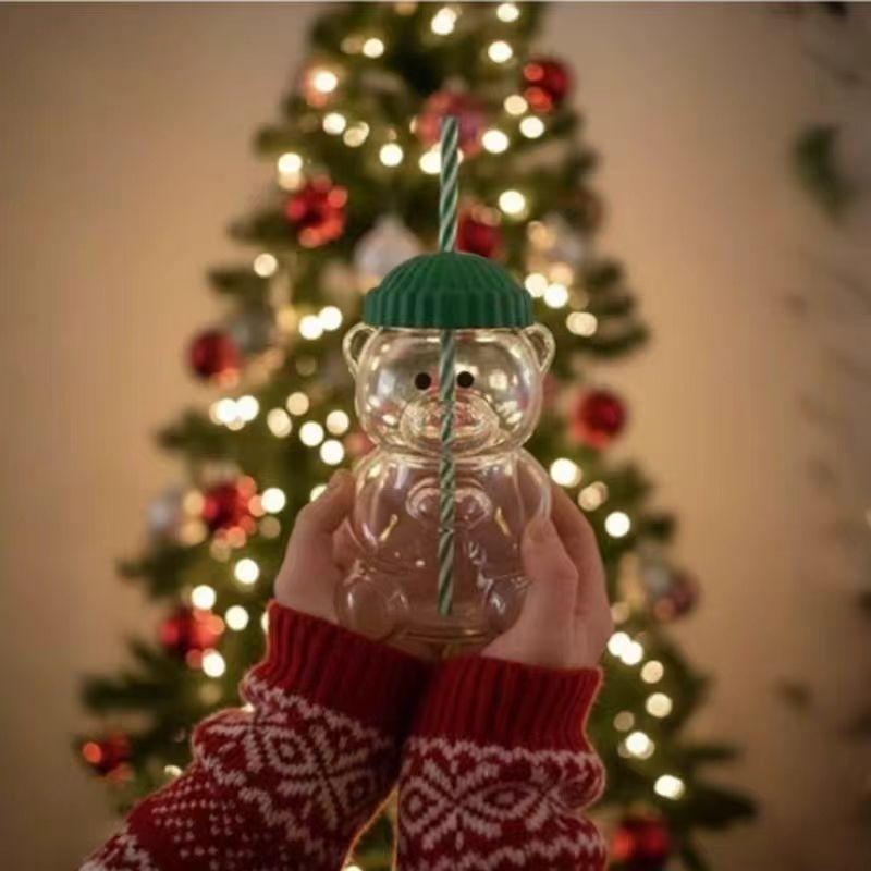 Creative Cute Bear Glass Cup, Transparent Water Cup with Lid, Office Cold Drink Juice Coffee Cups, Christmas Gift Straw Cup