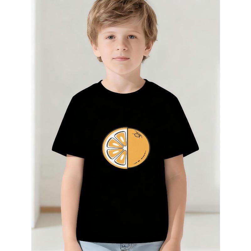 European sizes Boys' Summer Short Sleeve T-Shirts - Bright Orange Fruit Print Round Neck Casual Tees with Fruit Patterns