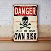 RusticRisk Vintage Metal Wall Sign Gothic Entry Sign with Skull Design, Heavy Duty Iron Sign "Enter At Your Own Risk", Gothic Ho