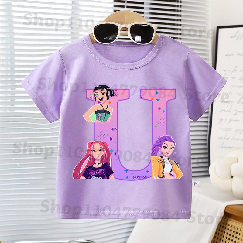 K-pop Demon Hunters Kawaii T-shirts for Children Cartoon Letter A-Z Printed Short Sleeves Top Boys Girls Summer Fashion T-shirt