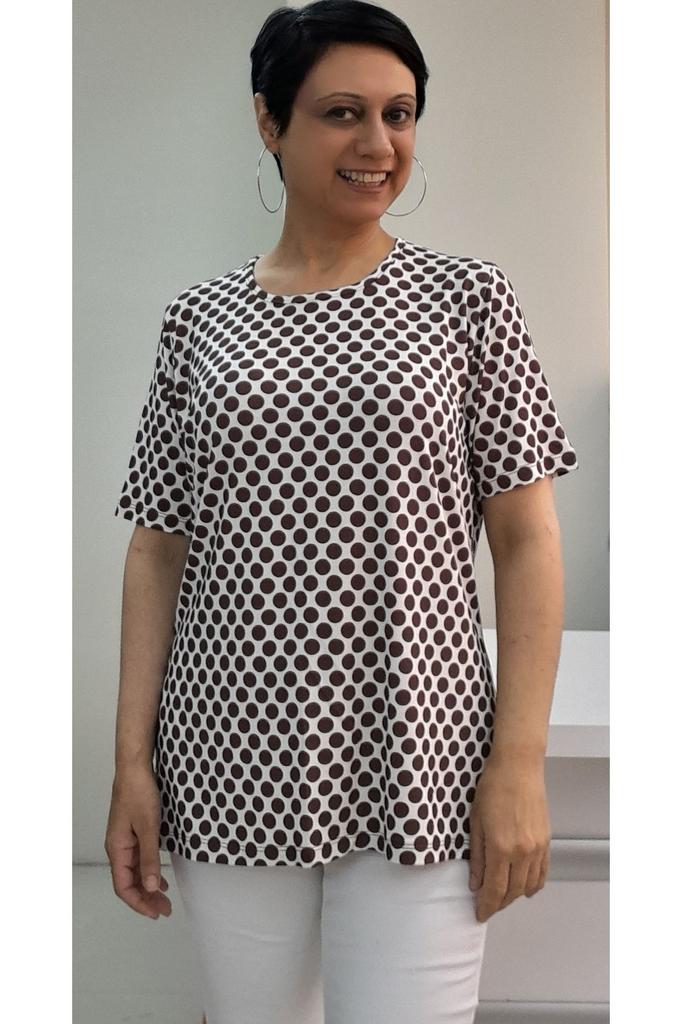 Damen Stil Übergröße T-Shirt Braun mit Polka Dots Kurzarm gekämmte Baumwolle Viskose T-Shirt