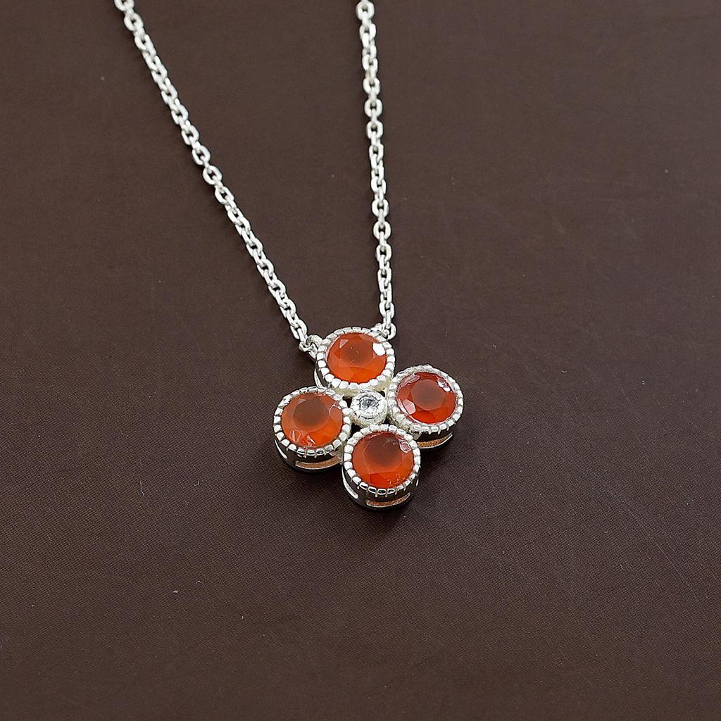 Carnelian Zircon Silver Chain Pendant, Pure 925 Sterling Silver Handmade Jewelry, Healing Crystal Pendant Gift For Her An0456